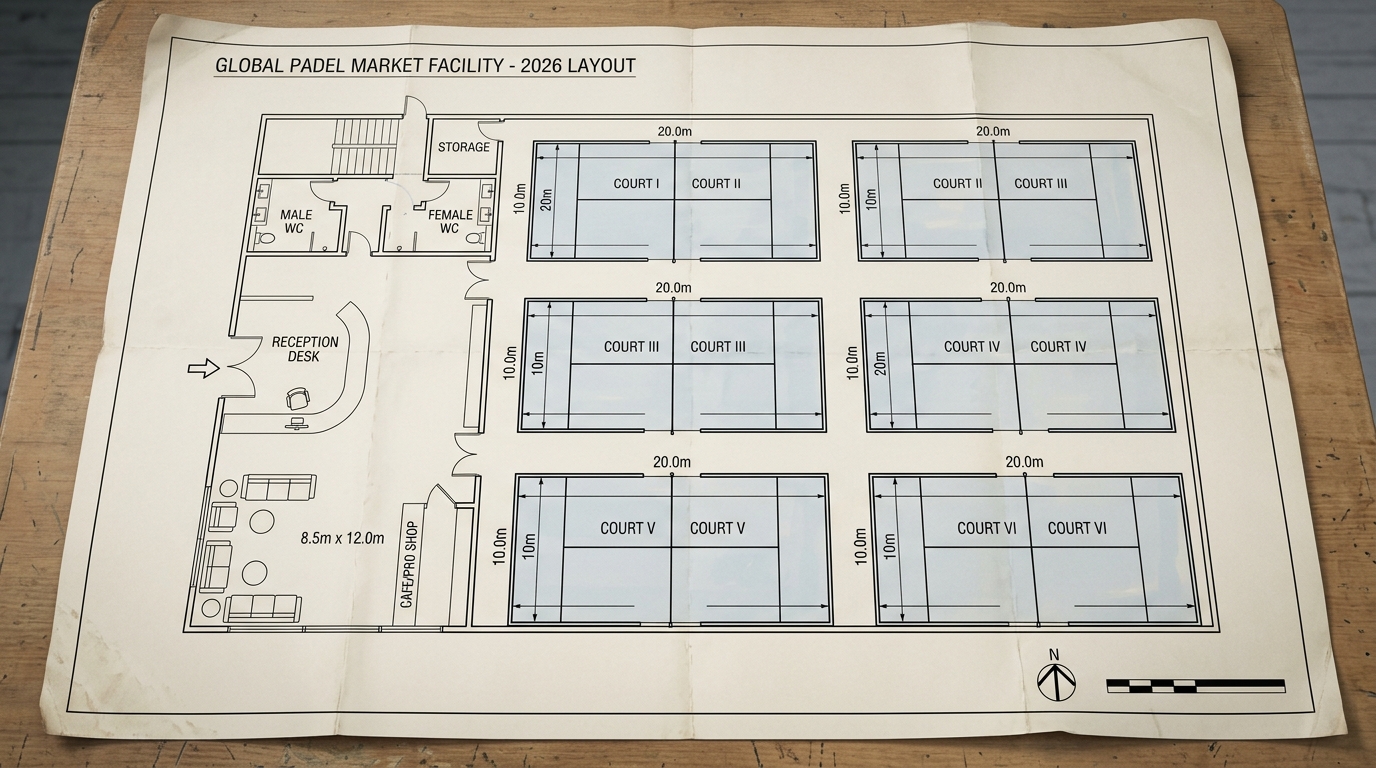 Architectural floor plan of a six-court indoor padel facility with a lounge and reception desk.