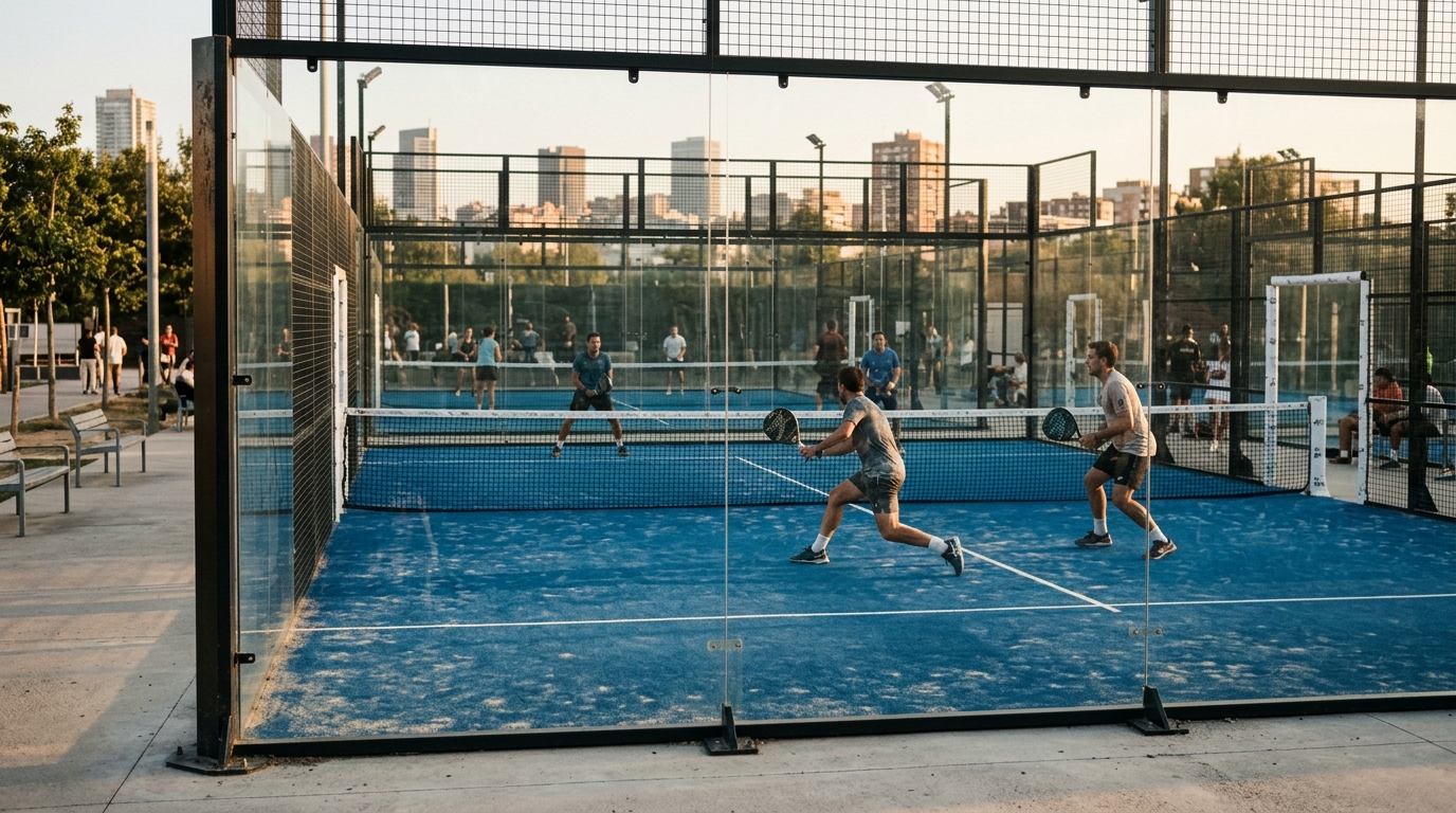 Wide shot of an outdoor padel court complex with two players mid-match during late afternoon.