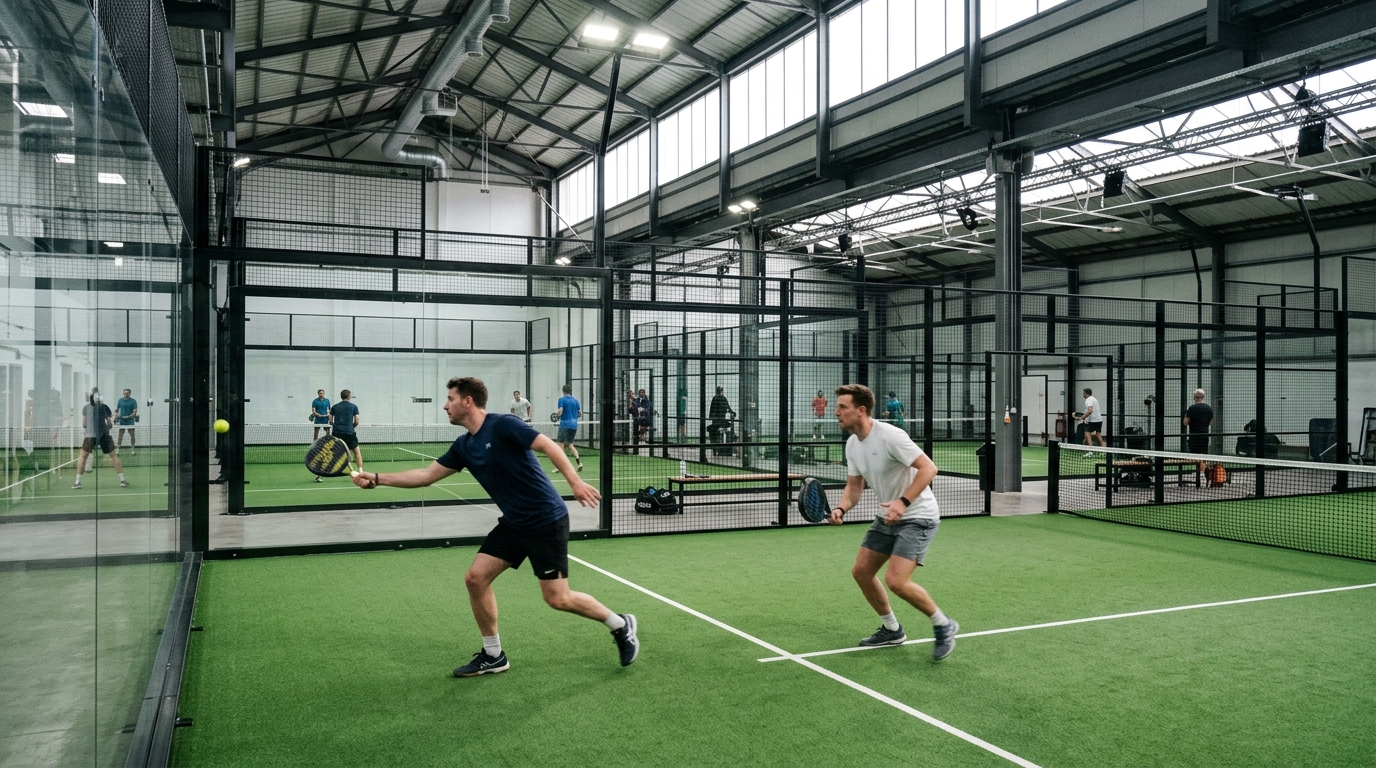 Bright indoor padel facility in London with four glass-backed courts and active players during a match.
