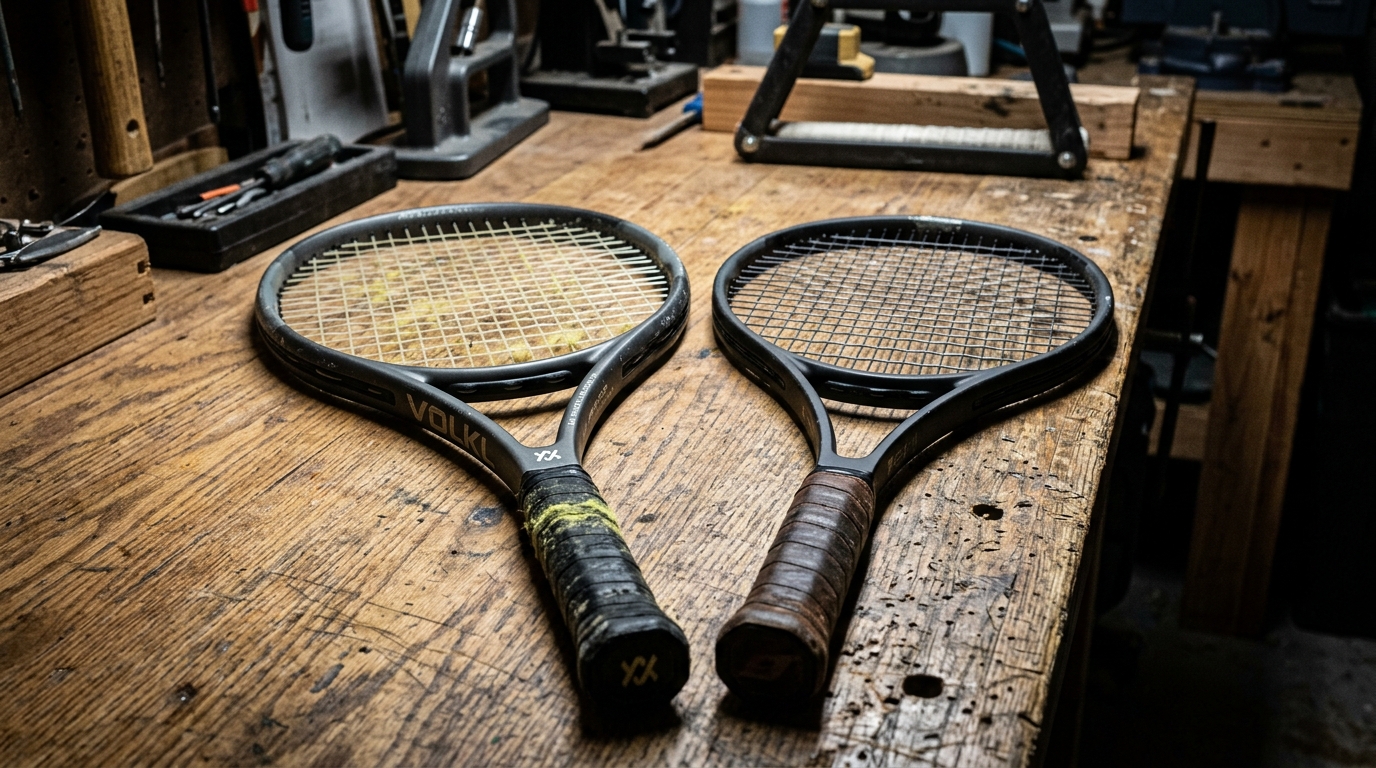 A side-by-side view of a wide-body beginner tennis frame next to a thin-beam pro frame on a wooden workbench.
