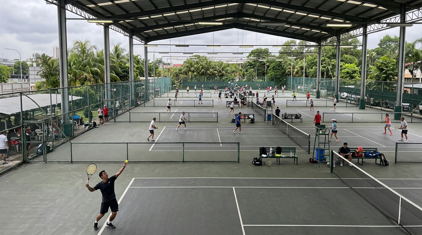 A wide view of a tennis club courts filled with players competing under natural daylight