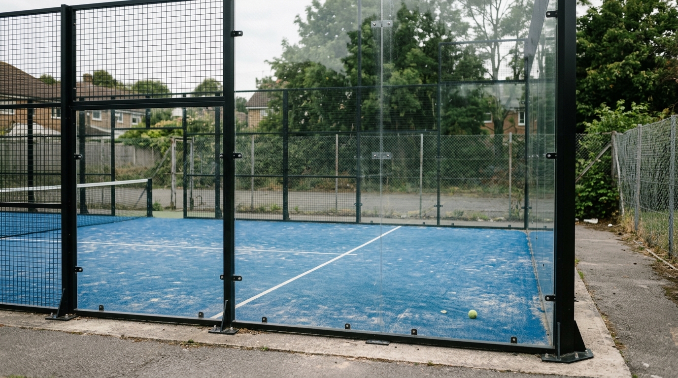 An empty outdoor padel court with glass walls and blue artificial turf sits between booking sessions.
