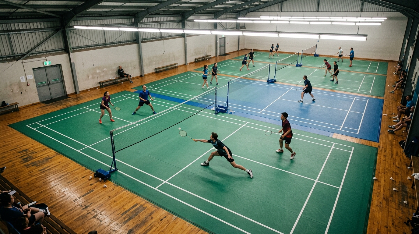 Overhead view of a busy indoor badminton facility with players active on every court under fluorescent lights.